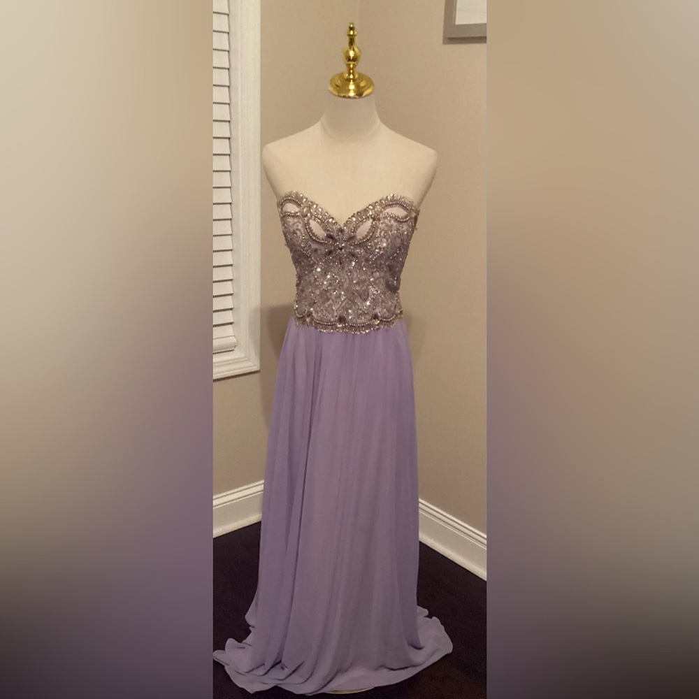 086 Terani Couture Lavender and Silver Embellished Gown
